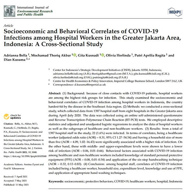 Socioeconomic and Behavioral Correlates of COVID-19 Infections among Hospital Workers in the Greater Jakarta Area, Indonesia: A Cross-Sectional Study